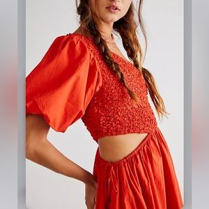 Free People Kalina Smocked Romantic Cutouts Puff Sleeve Midi Dress